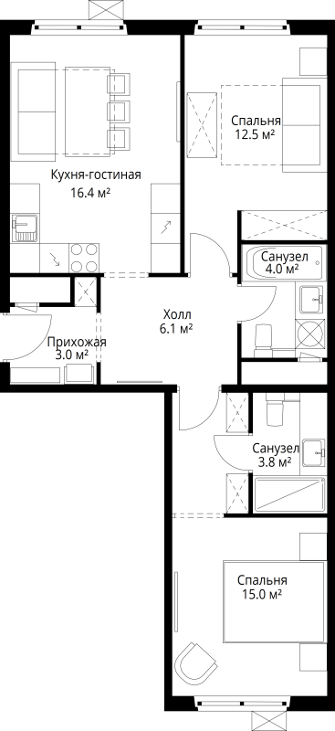 3 ккв (Евро) 60,8 м²