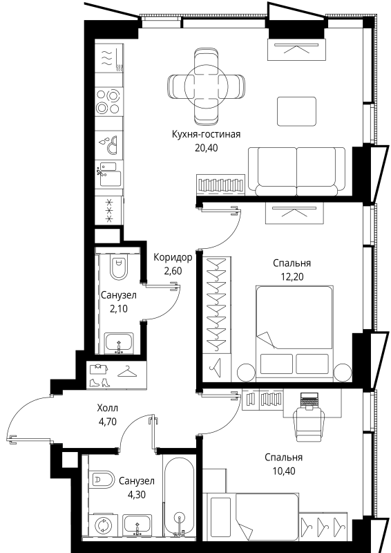 3 ккв (Евро) 56,7 м²