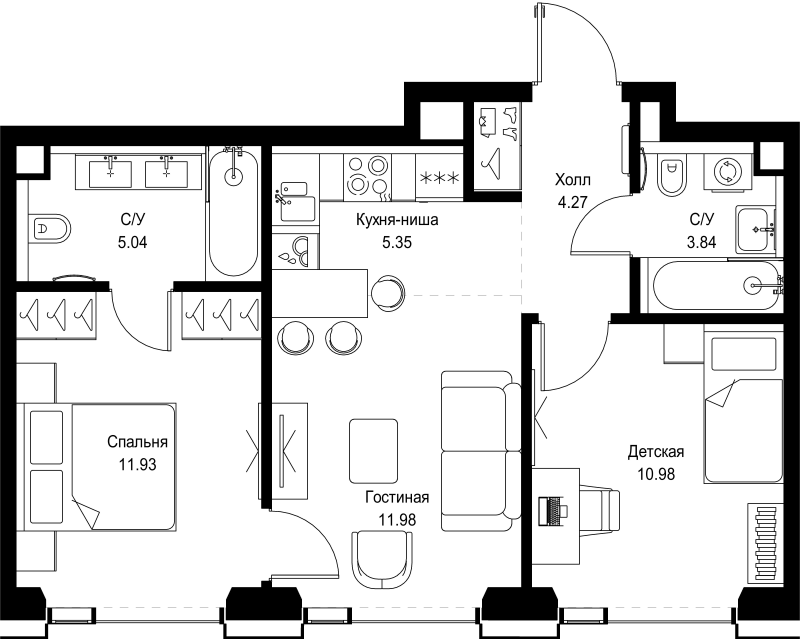 3 ккв (Евро) 53,4 м²
