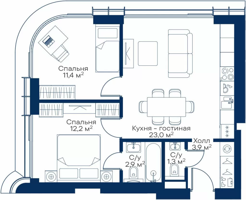 3 ккв (Евро) 53,4 м²