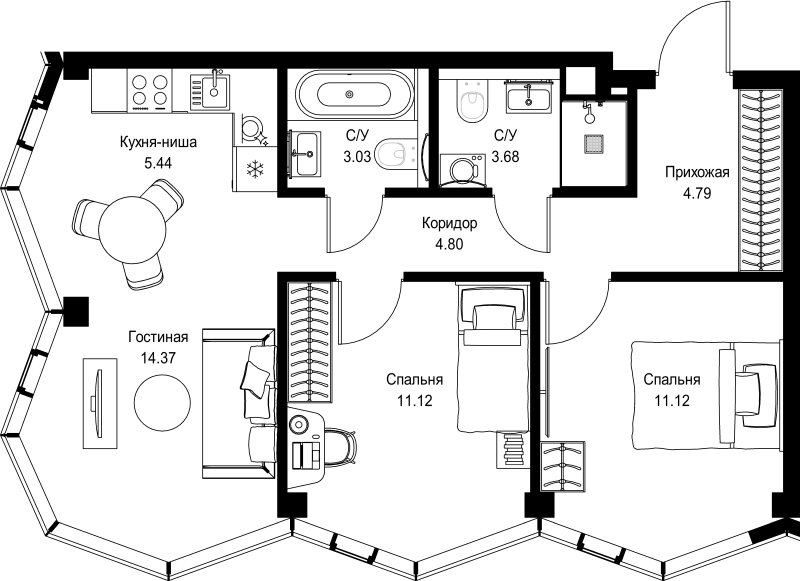 3 ккв (Евро) 58,4 м²