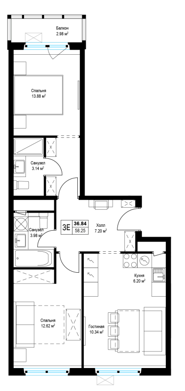 3 ккв (Евро) 58,3 м²