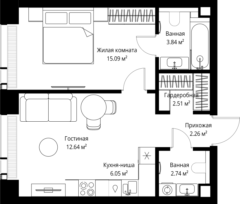 2 ккв (Евро) 45,1 м²