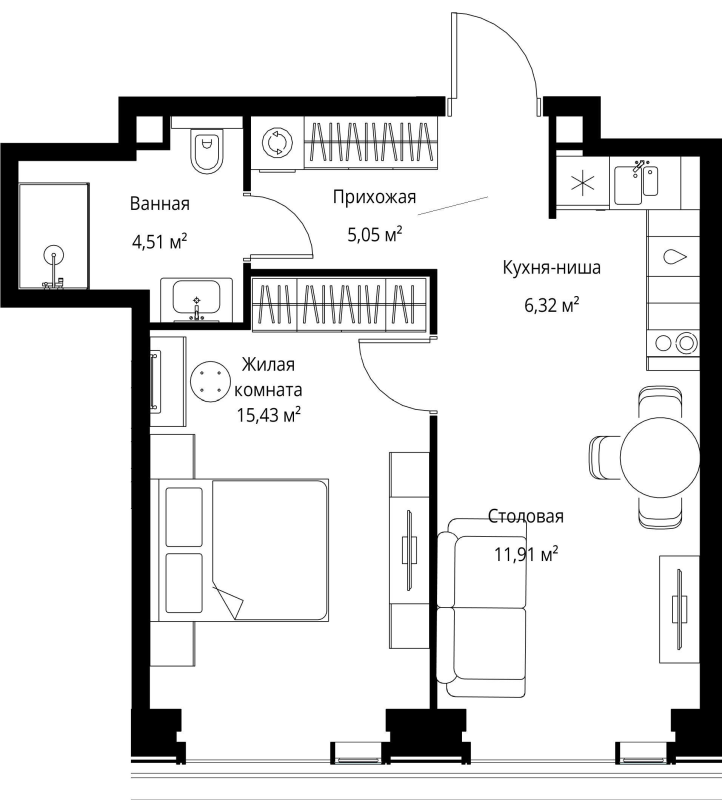 2 ккв (Евро) 43,2 м²