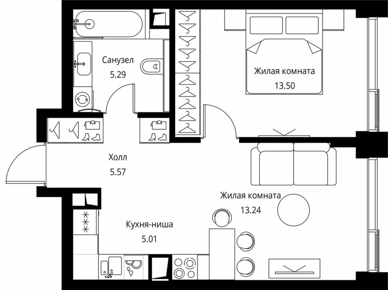 2 ккв (Евро) 42,6 м²