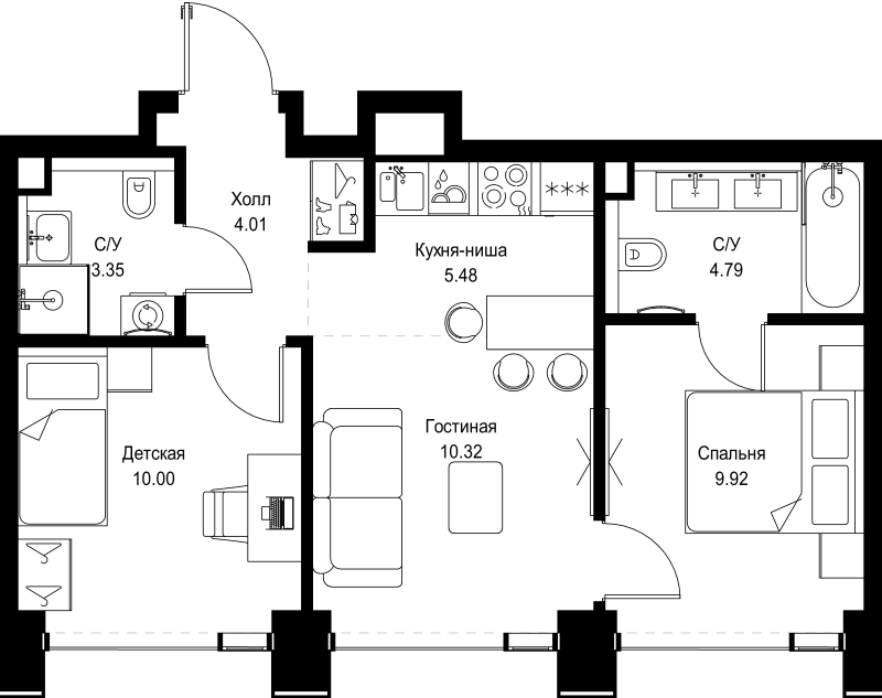 3 ккв (Евро) 47,9 м²