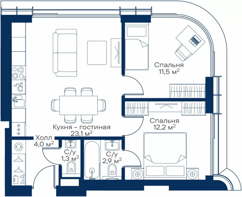 3 ккв (Евро) 53,6 м²