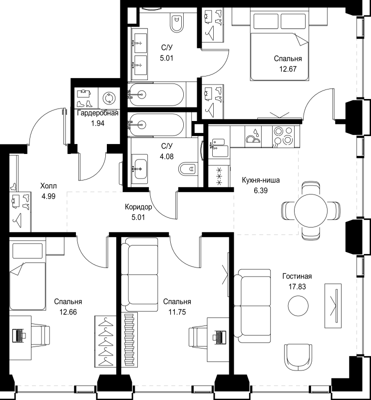4 ккв (Евро) 82,3 м²