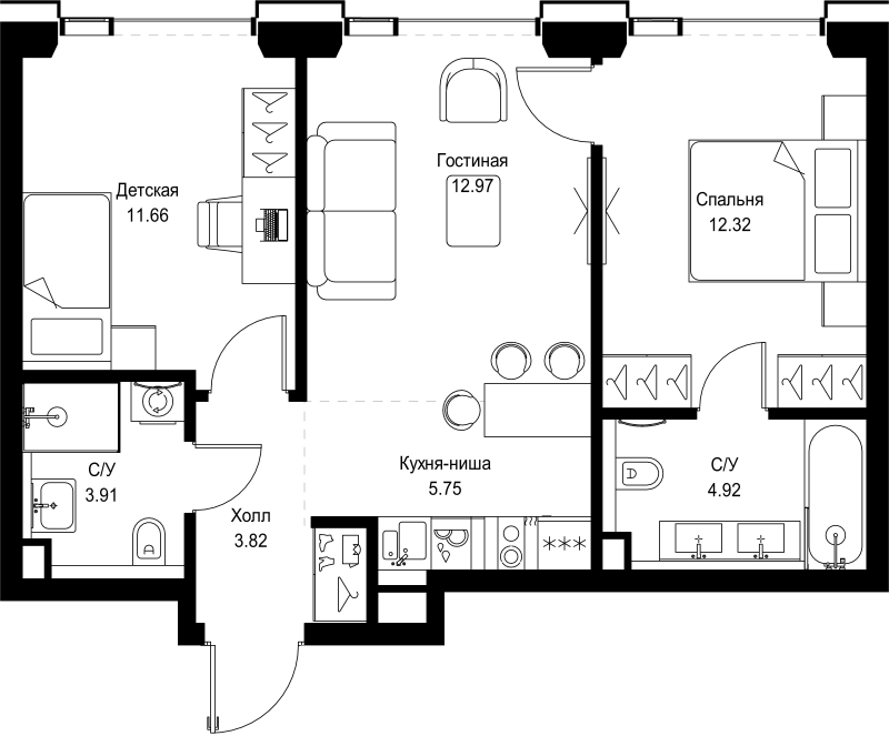 3 ккв (Евро) 55,4 м²