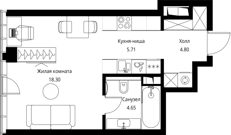 Студия 33,5 м²