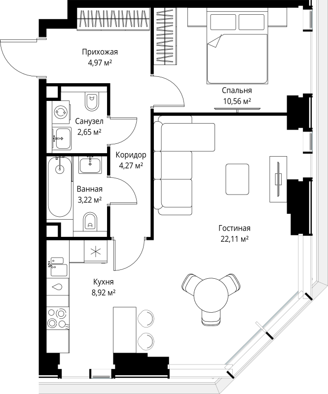 2 ккв (Евро) 56,7 м²