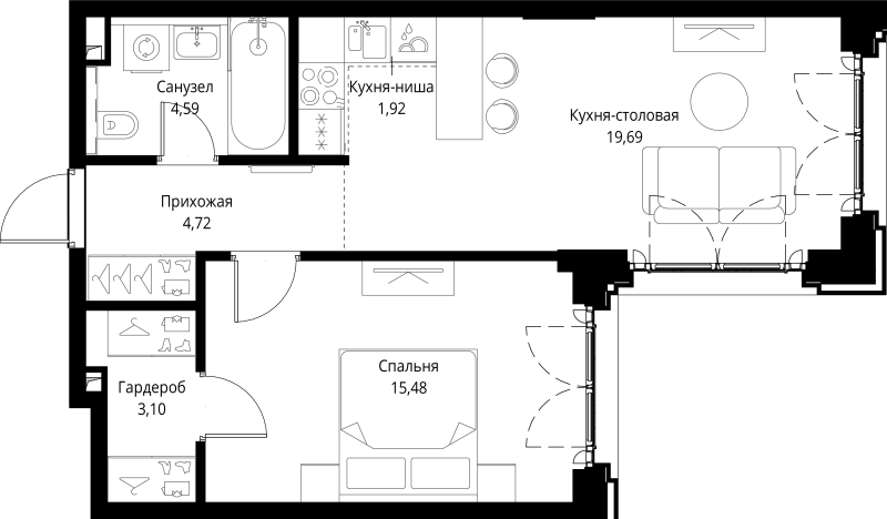 2 ккв (Евро) 49,5 м²
