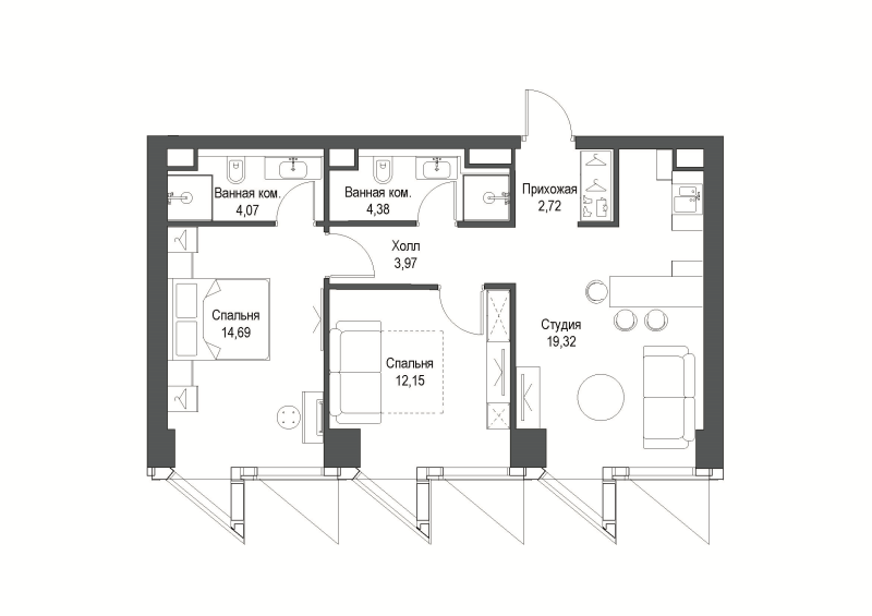 3 ккв (Евро) 60,9 м²