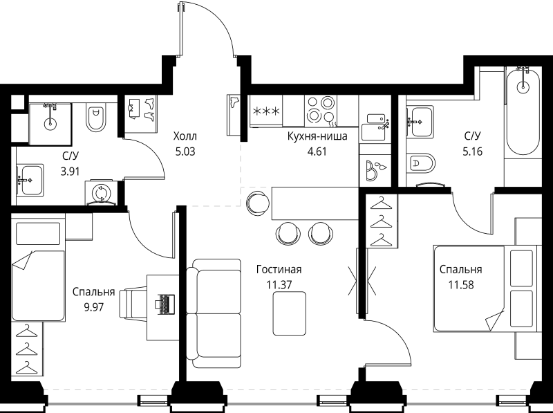 3 ккв (Евро) 51,6 м²