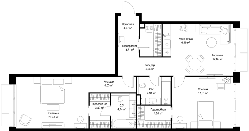 3 ккв (Евро) 92,3 м²