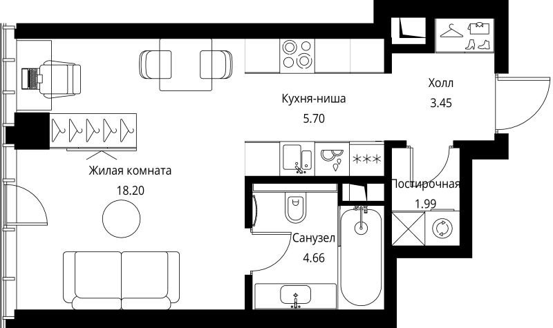 Студия 34 м²