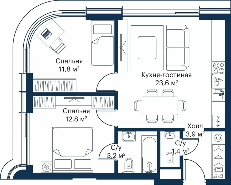 3 ккв (Евро) 55,3 м²