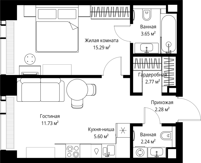 2 ккв (Евро) 43,6 м²