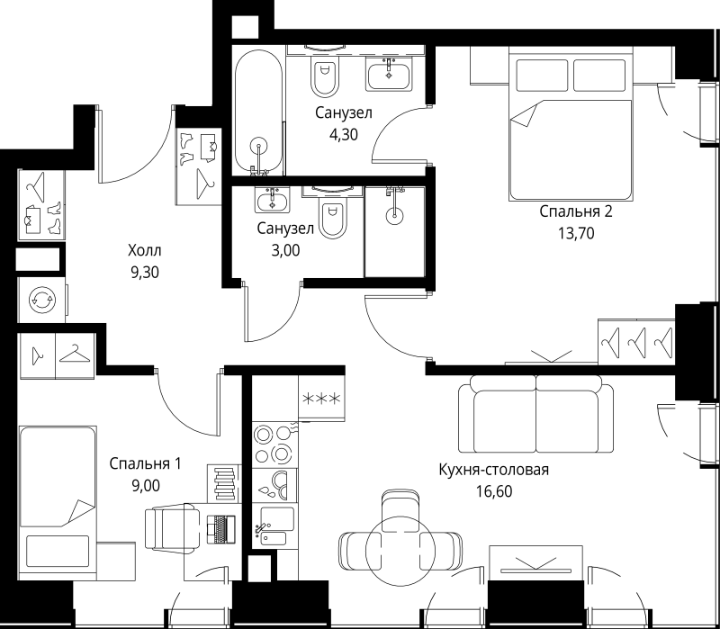 3 ккв (Евро) 55,9 м²
