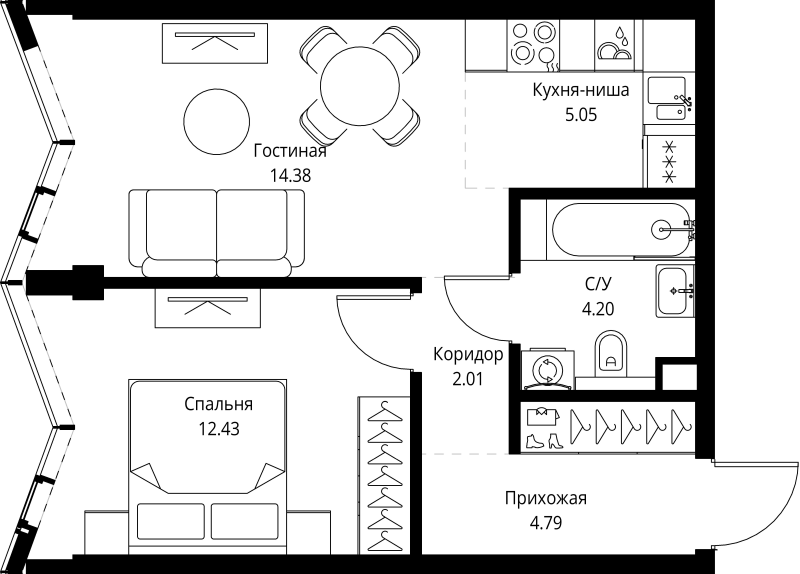 2 ккв (Евро) 42,9 м²