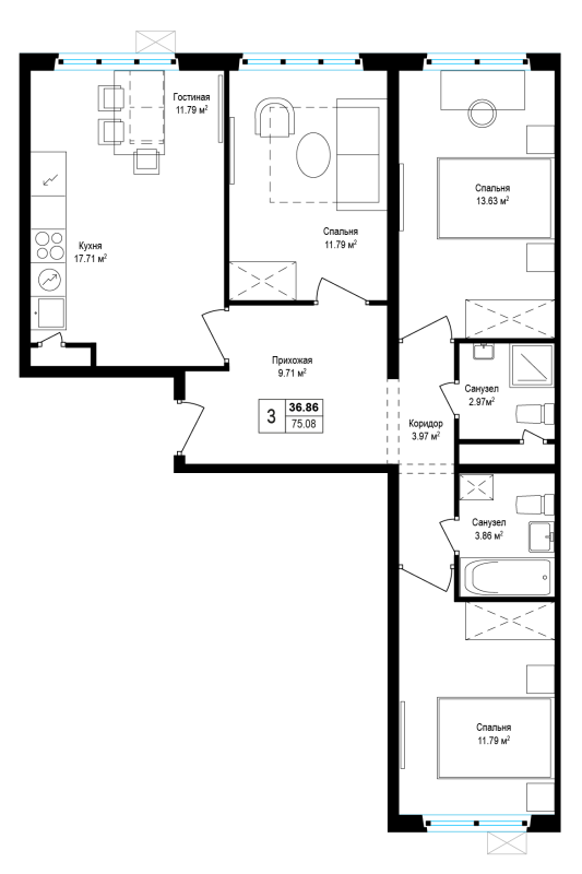 4 ккв (Евро) 74,8 м²