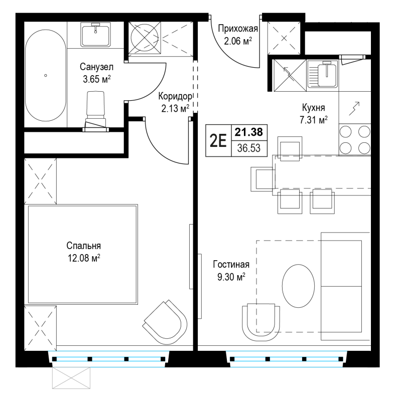 2 ккв (Евро) 36,7 м²