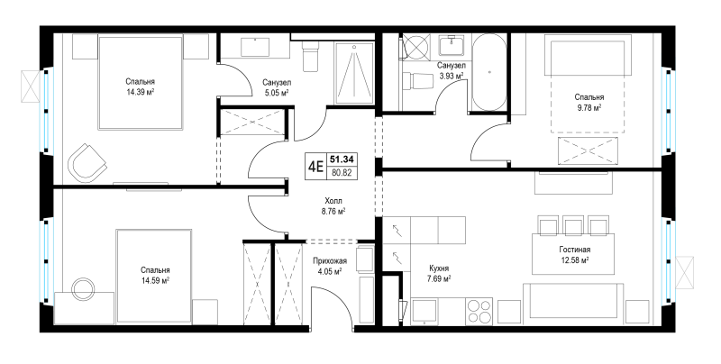 4 ккв (Евро) 80,8 м²