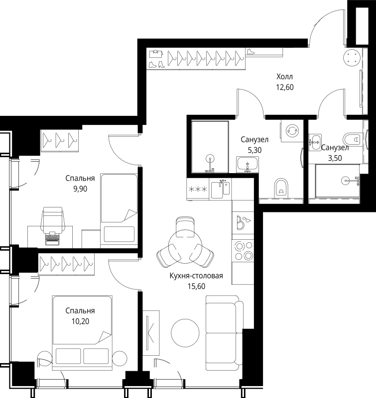 3 ккв (Евро) 57,1 м²