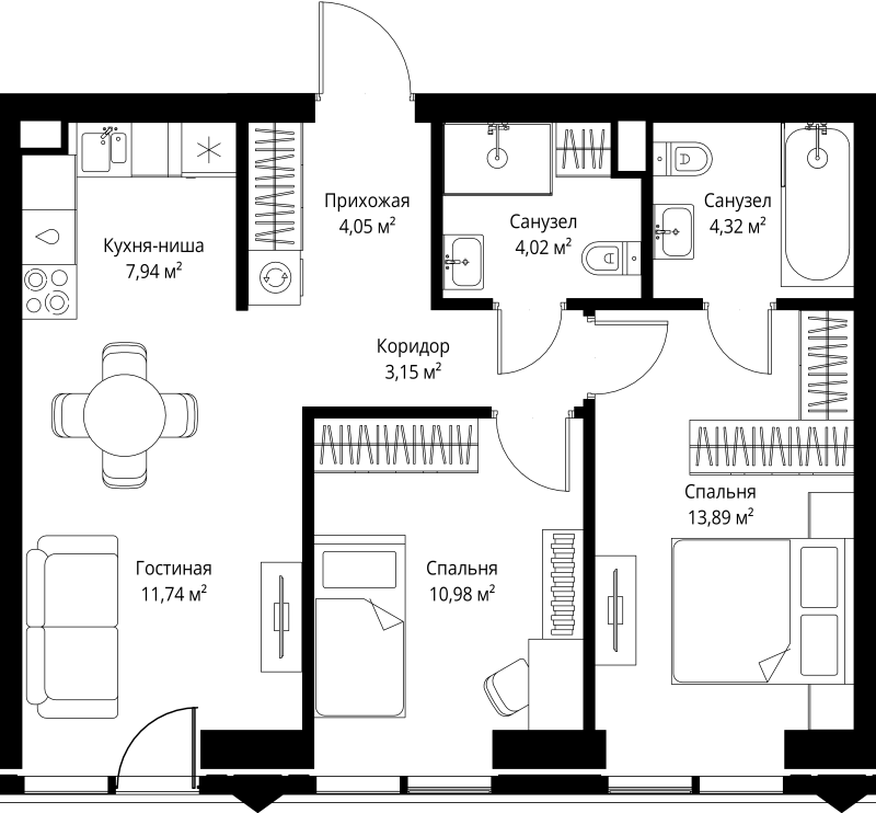 3 ккв (Евро) 60,1 м²