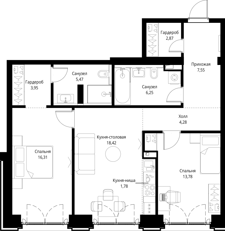 3 ккв (Евро) 80,7 м²