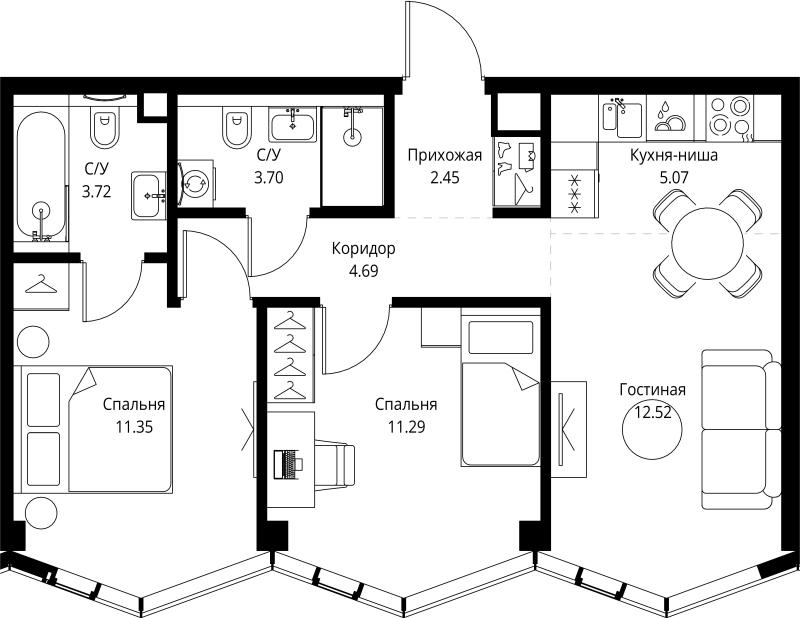 3 ккв (Евро) 54,8 м²