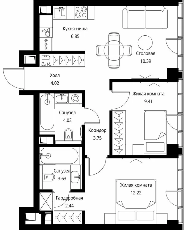 3 ккв (Евро) 56,7 м²