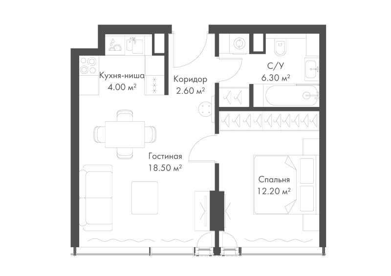 2 ккв (Евро) 43,6 м²
