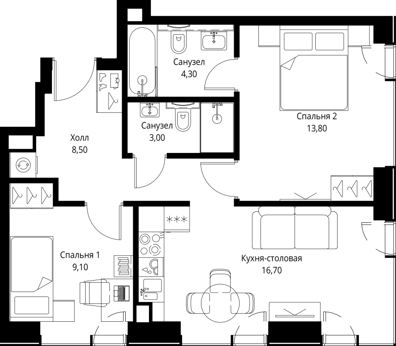 3 ккв (Евро) 55,4 м²