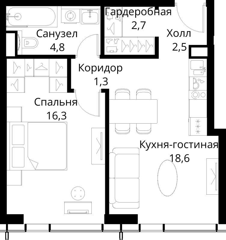 2 ккв (Евро) 46,2 м²