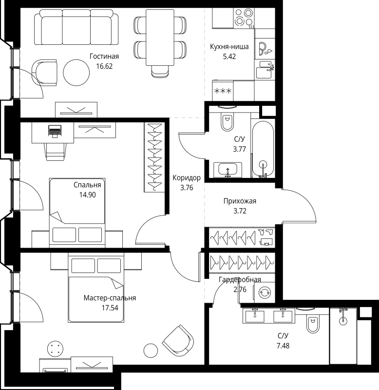 3 ккв (Евро) 76 м²
