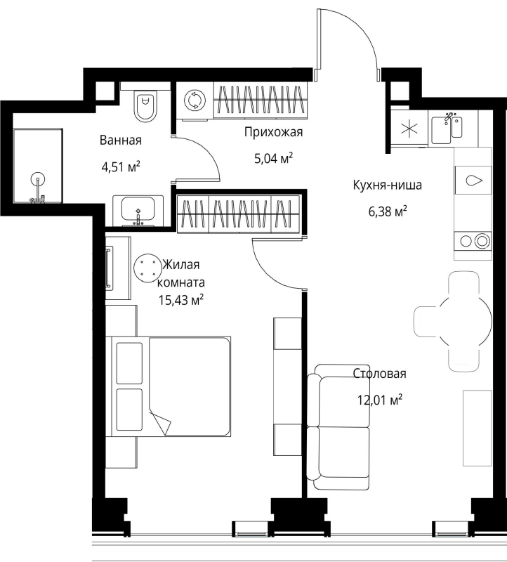 2 ккв (Евро) 43,4 м²