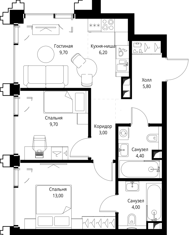 3 ккв (Евро) 56,2 м²