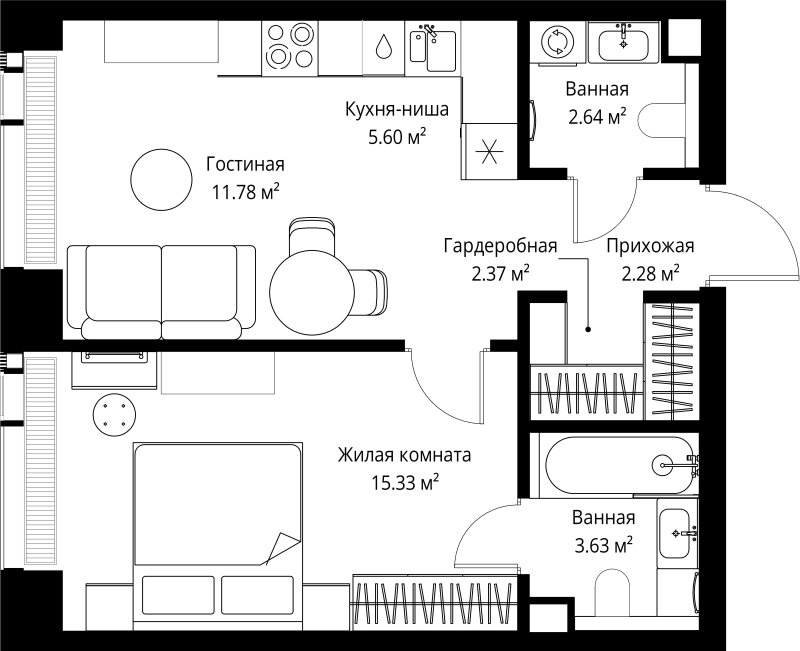 2 ккв (Евро) 43,6 м²
