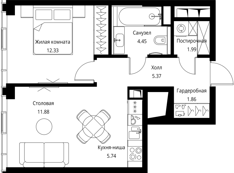 2 ккв (Евро) 43,6 м²