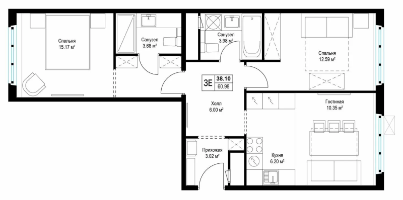 3 ккв (Евро) 61,2 м²
