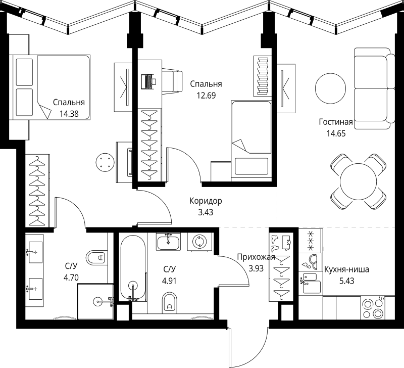 3 ккв (Евро) 64,1 м²