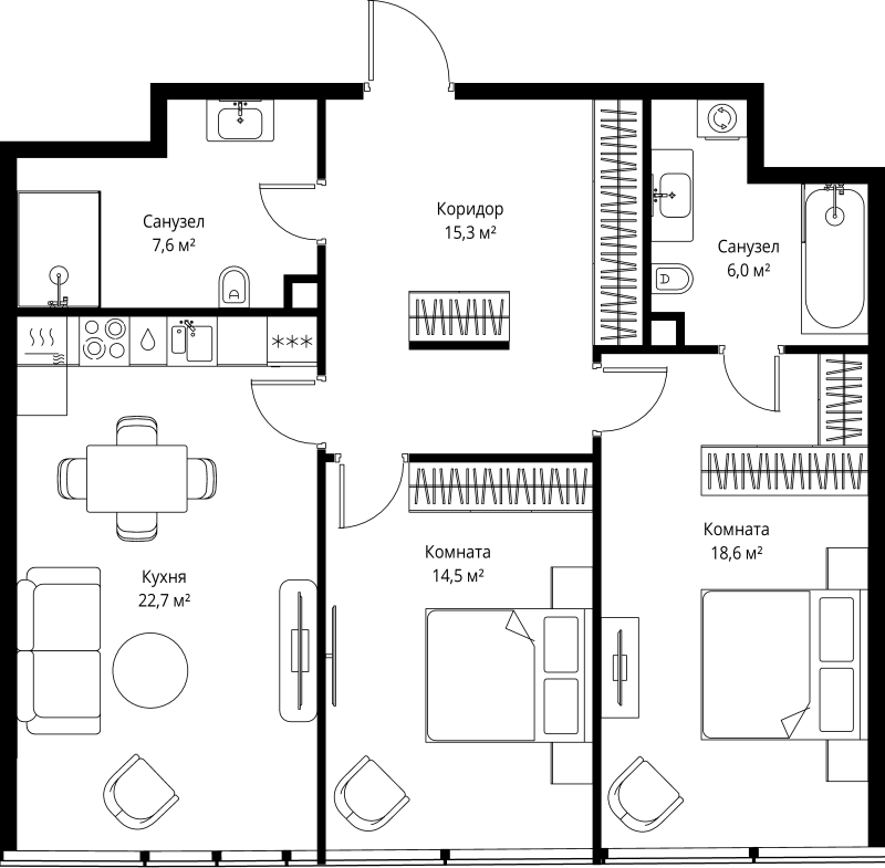 3 ккв (Евро) 84,7 м²