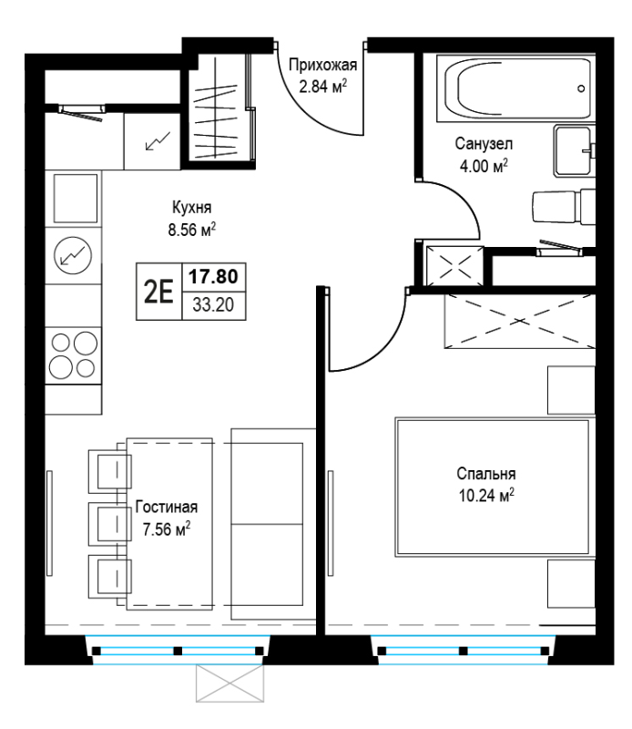 2 ккв (Евро) 33,2 м²
