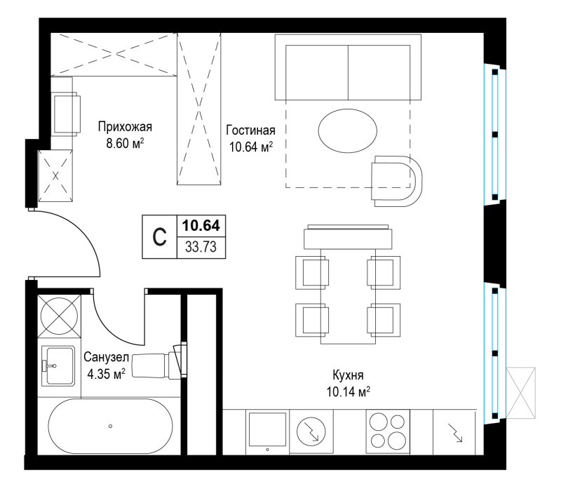Студия 33,6 м²