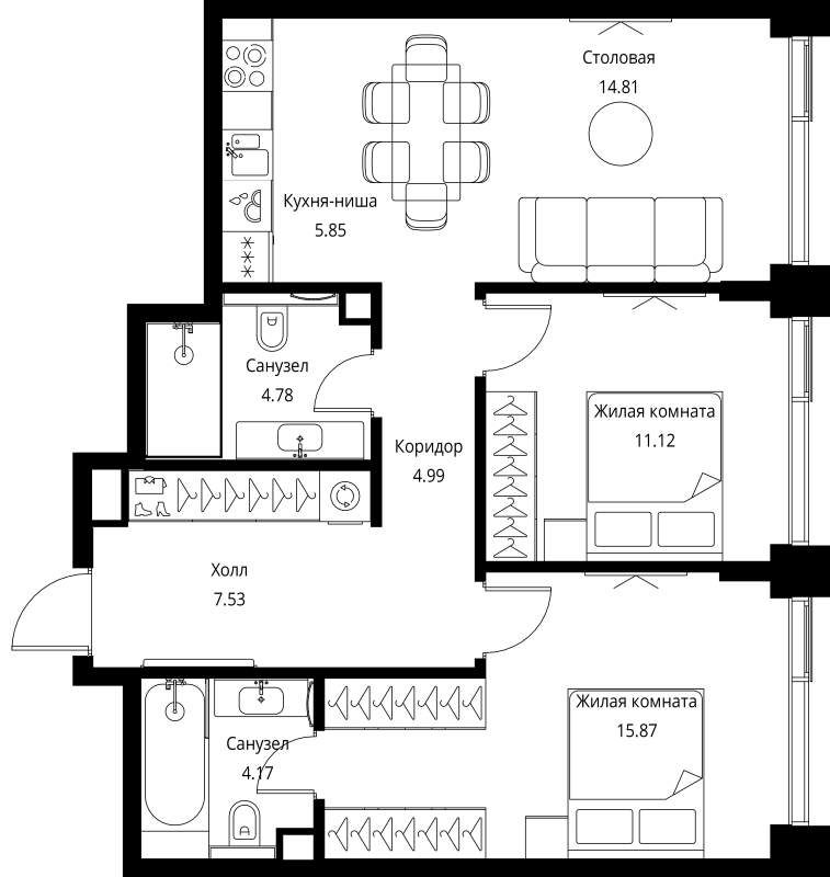 3 ккв (Евро) 69,1 м²