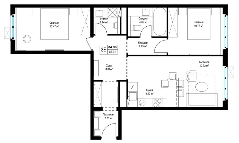 3 ккв (Евро) 66,5 м²