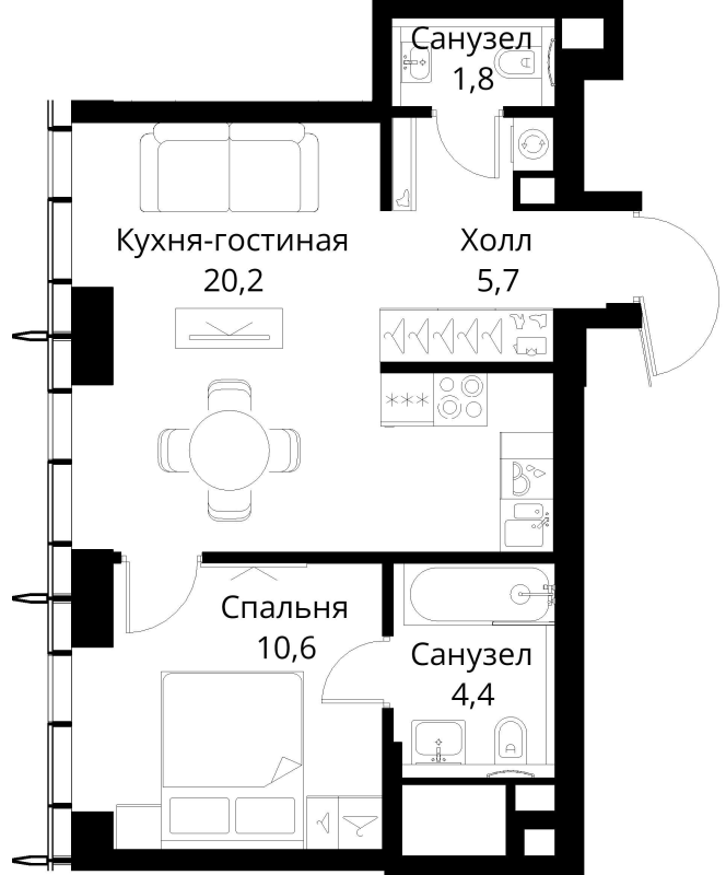 2 ккв (Евро) 42,7 м²
