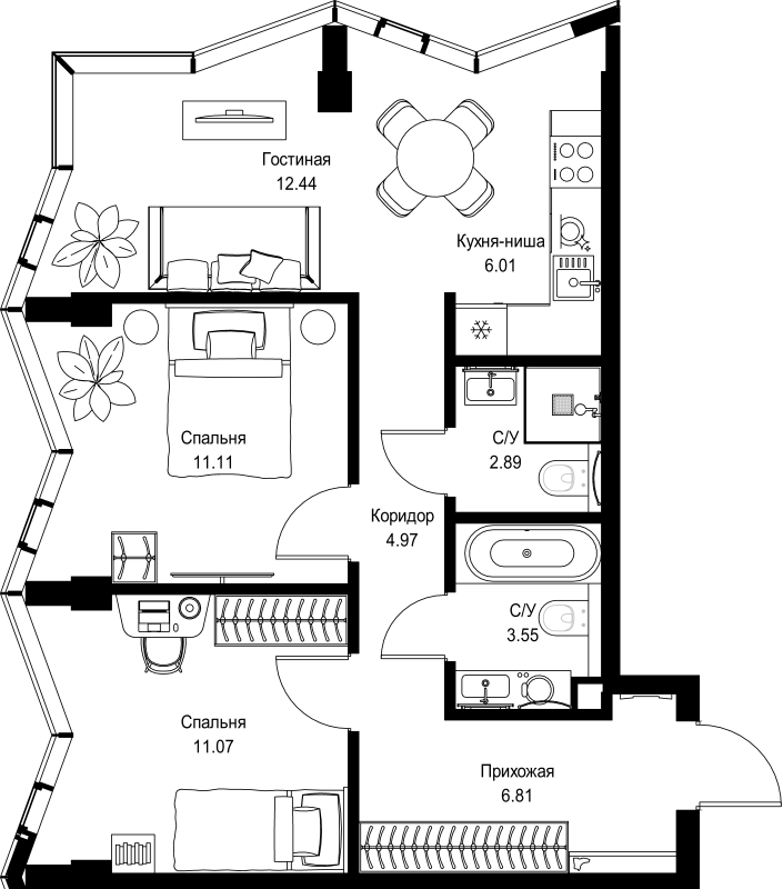 3 ккв (Евро) 58,9 м²