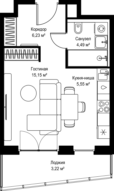 Студия 34,6 м²